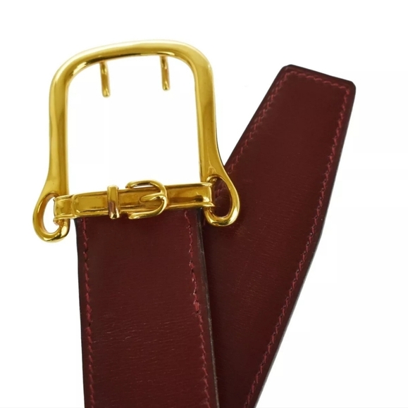 HERMES Logo Gold Buckle Leather Belt in Bordeaux Red! - Picture 5 of 15
